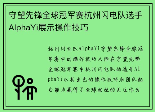 守望先锋全球冠军赛杭州闪电队选手AlphaYi展示操作技巧