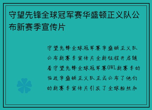守望先锋全球冠军赛华盛顿正义队公布新赛季宣传片